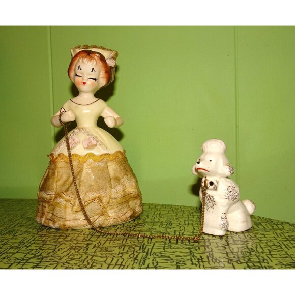 Vintage Ceramic Women & Poodle Figurine Southern Belle antique lady walking dog - Picture 6 of 11